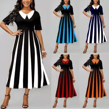 Летнее женское элегантное и модное полосатое платье с принтом и короткими рукавами с лацканами на талии 5XL чёрный