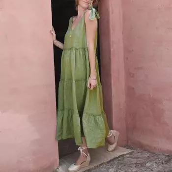 Летнее женское элегантное однотонное платье из хлопка и льна без рукавов S зелёный