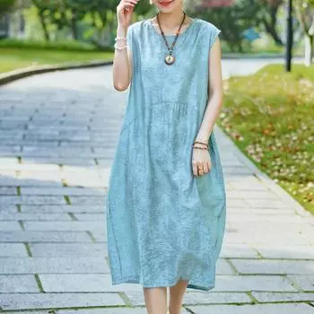 Летнее женское элегантное платье больших размеров, повседневное свободное длинное платье без рукавов, винтажная женская одежда среднего возраста XL зелёный