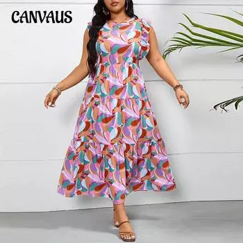 Летнее женское элегантное платье больших размеров с цветочным принтом, свободное платье-зонтик без рукавов с оборками и силуэтом А-силуэта 1XL