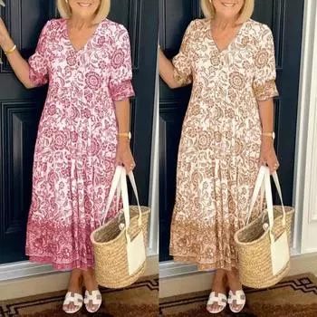 Летнее женское элегантное платье макси до бедра с v-образным вырезом и вырезом с половиной рукавов, окрашенное в галстук, с цветочным принтом S синий