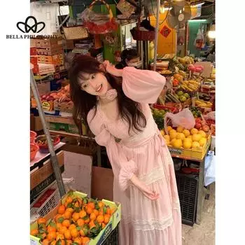 Летнее женское элегантное ретро-платье во французском стиле с розовым квадратным воротником и объемными рукавами, шифоновое платье трапециевидной формы с длинными рукавами и розовым ремешком на талии. XS бежевый