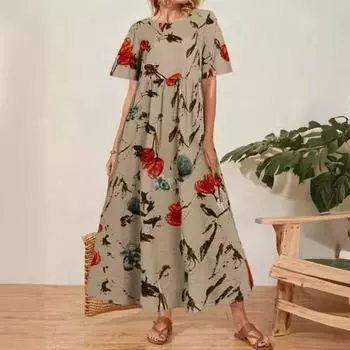 Летнее женское этническое платье в стиле ретро с круглым вырезом и коротким рукавом, большого свободного покроя, длинное платье S зелёный