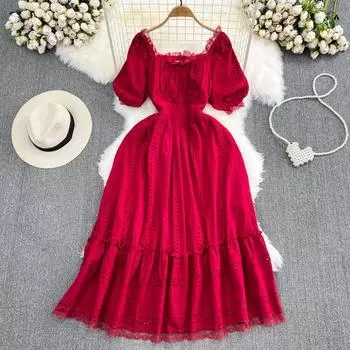 Летнее женское ажурное кружевное длинное платье винтажное квадратное воротник с короткими пышными рукавами и высокой талией трапециевидной формы для отпуска, пляжное платье, новинка One Size чёрный