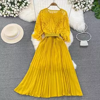 Летнее женское ажурное кружевное плиссированное длинное платье винтажное женское с круглым вырезом желтое/фиолетовое/синее/черное лоскутное драпированное макси Vestidos One Size абрикосовый
