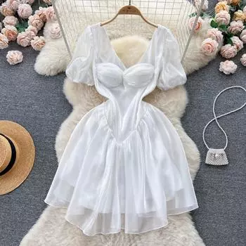 Летнее женское белое атласное вечернее платье без бретелек, модное вечернее мини-короткое платье принцессы с пышными рукавами 2XL белый