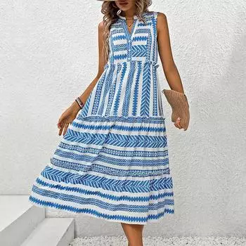 Летнее женское богемное платье с принтом без рукавов и V-образным вырезом, свободное отпускное платье 2024, модные элегантные повседневные свободные платья трапециевидной формы с рюшами 929 S синий