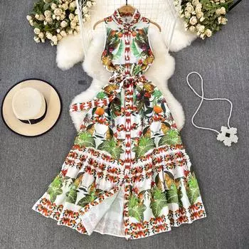 Летнее женское брендовое дизайнерское платье с принтом на подиуме, модные длинные макси-майки без рукавов, вечерние платья M зелёный