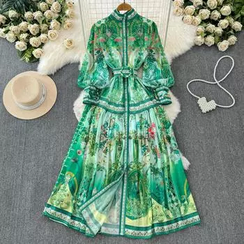 Летнее женское брендовое дизайнерское винтажное платье с цепочкой и принтом на подиуме, модное зеленое шифоновое длинное макси-праздничное пляжное платье S зелёный