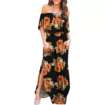 Летнее женское цельное платье с рукавами «летучая мышь» и цветочным принтом на плоском плече S чёрный