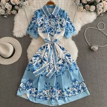 Летнее женское дизайнерское платье с принтом, элегантное платье-рубашка с отложным воротником и шнуровкой M