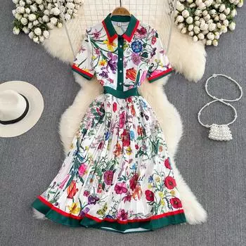 Летнее женское дизайнерское платье в европейском стиле с винтажным принтом, рубашка с отложным воротником, вечерние платья XL разноцветный