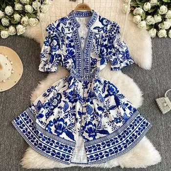 Летнее женское дизайнерское винтажное платье с принтом, элегантное однобортное вечернее платье с v-образным вырезом M красный