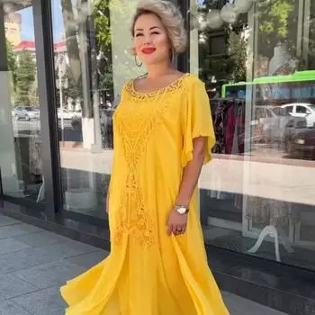 Летнее женское длинное кружевное платье большого размера большого размера S жёлтый