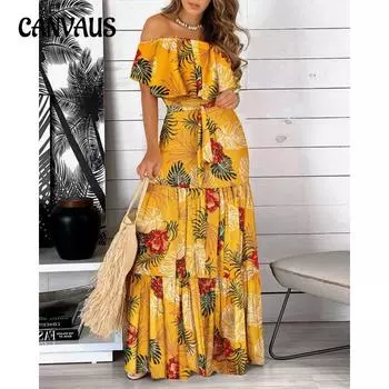 Летнее женское длинное платье без бретелек с принтом и рюшами S жёлтый