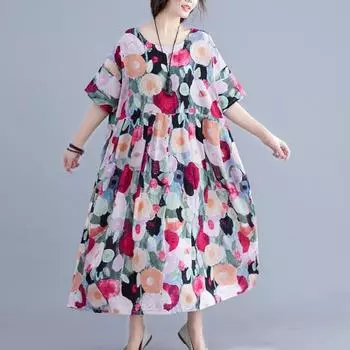 Летнее женское длинное платье больших размеров с цветочным принтом, повседневное свободное платье большого размера, винтажное хлопково-льняное удобное платье One Size