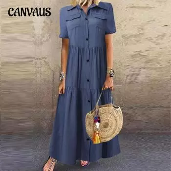 Летнее женское длинное платье большого размера в ковбойском стиле с несколькими пуговицами
