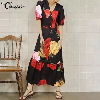 Летнее женское длинное платье Celmia с цветочным принтом и пуговицами, V-образным вырезом и короткими рукавами S вино красного