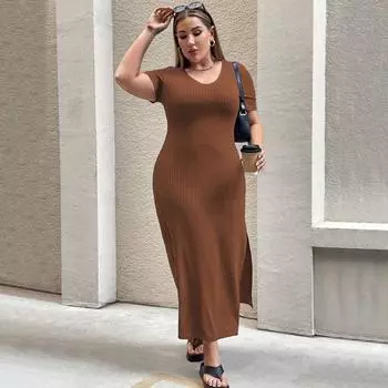 Летнее женское длинное платье с круглым вырезом и коротким рукавом с высокой талией и разрезом. Темпераментное модное вечернее платье больших размеров. Тонкое однотонное платье с запахом на бедрах. XL темно-коричневого