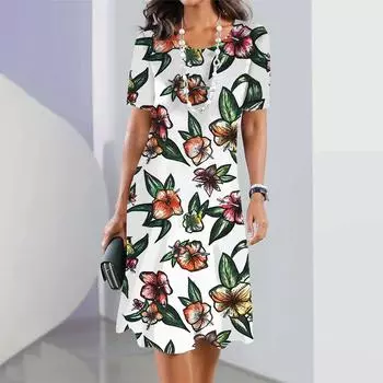 Летнее женское длинное платье с круглым вырезом, длинное платье для женщин, повседневное платье для отдыха на пляже с коротким рукавом, элегантное свободное платье S