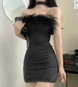 Летнее женское джинсовое мини-платье, весеннее вечернее облегающее платье с открытой спиной и перьями S чёрный