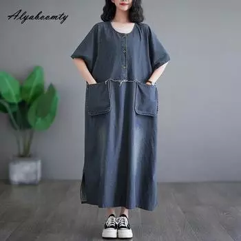 Летнее женское джинсовое платье больших размеров размера плюс с круглым вырезом и пуговицами, свободная сумка, длинное платье в корейском стиле, винтажное платье с короткими рукавами и карманами M