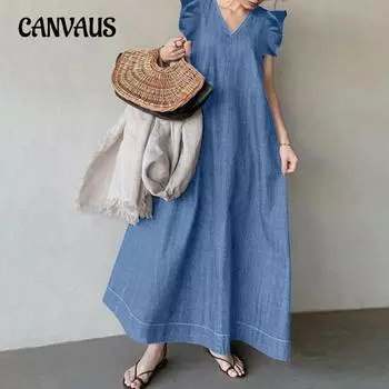 Летнее женское джинсовое платье, темпераментное пригородное платье с v-образным вырезом, богемные свободные длинные платья больших размеров S чёрный