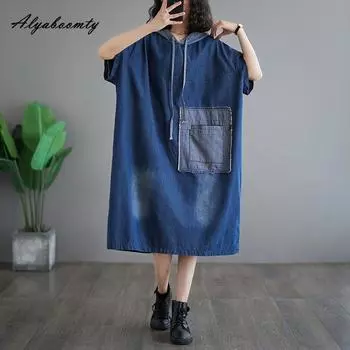 Летнее женское джинсовое платье в корейском стиле большого размера с капюшоном синего цвета плюс размер повседневное свободное платье миди с коротким рукавом мешковатое винтажное платье с карманом M