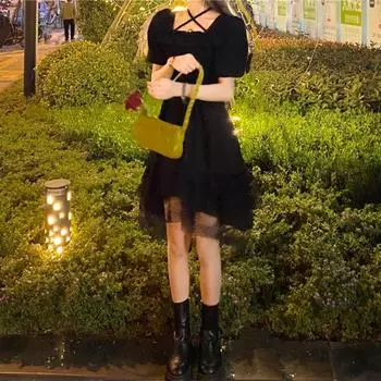 Летнее женское готическое черное кружевное платье с оборками, тонкое платье принцессы с перекрестным вырезом и пышными рукавами, милое праздничное платье Kawaii Lolita One Size чёрный