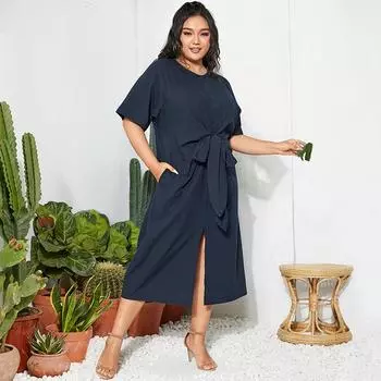 Летнее женское хлопковое сплошное цветное повседневное свободное платье-туника с коротким рукавом макси размера плюс FZH 4XL тёмно-синий