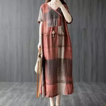 Летнее женское художественное свободное платье из хлопка и льна с винтажным принтом в клетку с V-образным вырезом, летние длинные платья M оранжевый