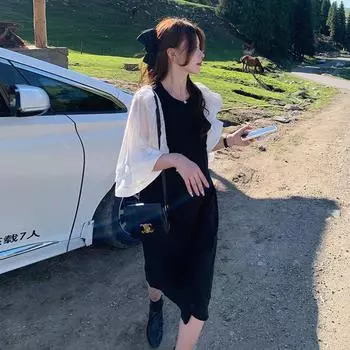 Летнее женское корейское нежное черно-белое платье большого размера, универсальные длинные платья M