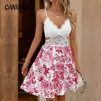 Летнее женское короткое платье с полыми рюшами и v-образным вырезом, сексуальные кружевные платья с бретельками на бретельках S красный