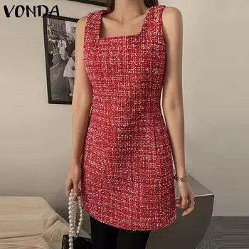 Летнее женское короткое платье в клетку с квадратным вырезом VONDA