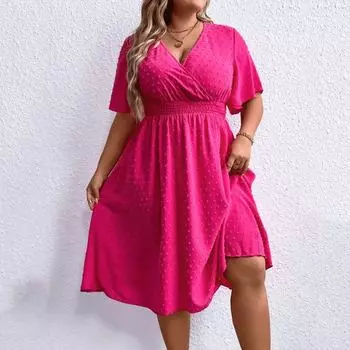 Летнее женское красное длинное платье с коротким рукавом и v-образным вырезом. Темпераментное элегантное модное свободное платье. Простое вечернее платье больших размеров. Повседневное платье с поясом. XL