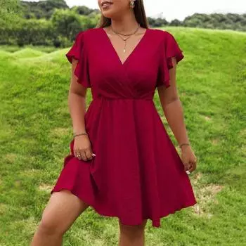 Летнее женское красное платье с v-образным вырезом и коротким рукавом, высокой талией, женское элегантное темпераментное модное вечернее клубное платье, тонкое дышащее платье XL бордовый