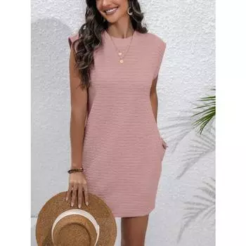 Летнее женское круглое сплошное платье без рукавов прямого миди-кроя S