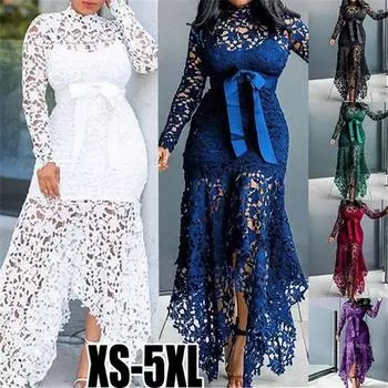 Летнее женское кружевное платье с длинным рукавом, асимметричная длинная юбка, однотонное круглое декольте, вечерние ретро-платья XXXXXL белый