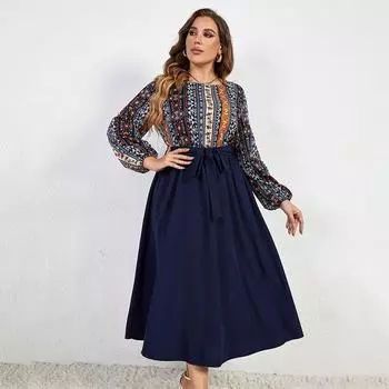 Летнее женское лоскутное платье с принтом, шею, длинный рукав, завязка на талии, длинное платье, платье макси для работы, вечеринки, отпуска, дышащее легкое платье PLUS XL темно-синий