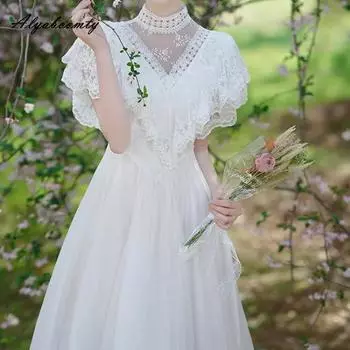 Летнее женское макси белое платье принцессы с воротником-стойкой Fairycore на шнуровке нежное платье с рукавами-бабочками многослойное длинное платье с оборками