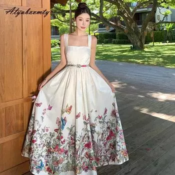 Летнее женское макси длинное платье без рукавов с подтяжками и цветочным принтом в виде бабочек, элегантное праздничное платье с поясом S