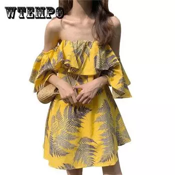 Летнее женское милое элегантное платье с одной линией плеча средней длины с тонким принтом изящное праздничное платье L