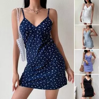 Летнее женское мини-платье без рукавов с v-образным вырезом на бретелях и цветочным принтом, вечернее платье с высокой талией и открытой спиной, женское облегающее платье, уличная одежда L синий