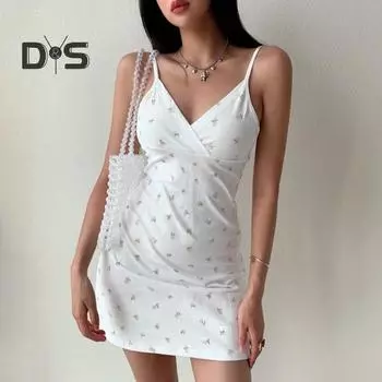 Летнее женское мини-платье без рукавов с V-образным вырезом и цветочным принтом, с высокой талией и открытой спиной, вечернее платье для женщин, облегающее платье в уличном стиле L синий