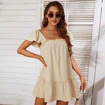 Летнее женское мини-платье с квадратным вырезом, бантом, без рукавов, с оборками XS хаки