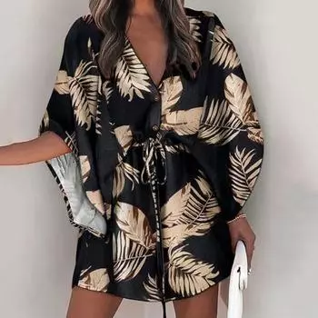 Летнее женское мини-платье с v-образным вырезом и коротким рукавом с цветочным принтом на талии и пляжным праздничным платьем L