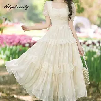 Летнее женское многоуровневое платье миди принцессы с квадратным воротником и высокой талией, сказочное вечернее платье с короткими рукавами, шикарное многослойное платье с оборками S