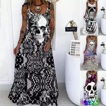 Летнее женское модное богемное платье без рукавов с принтом черепа, повседневные свободные платья макси S зелёный