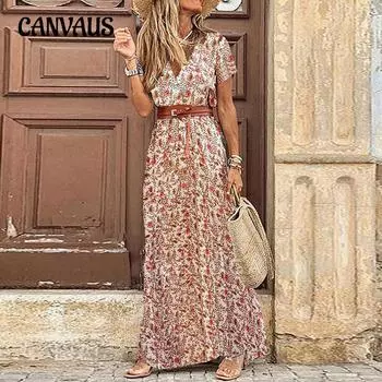 Летнее женское модное богемное платье с v-образным вырезом и цветочным принтом S красный