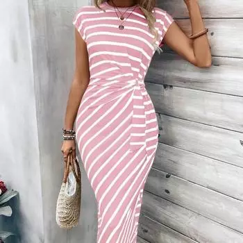 Летнее женское модное и элегантное полосатое платье с круглым вырезом и короткими рукавами S